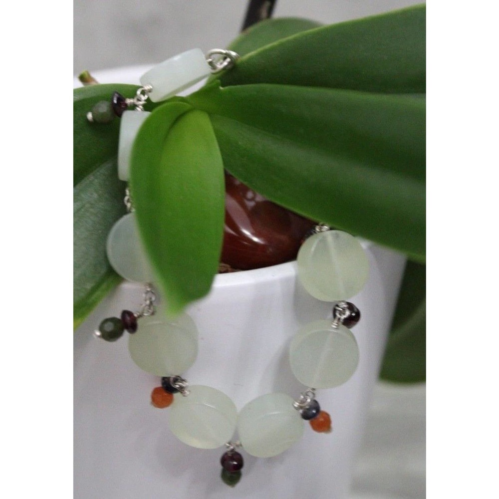 Green Stone and Silver Charm Bracelet, Real Silver, stones purple, green, orange